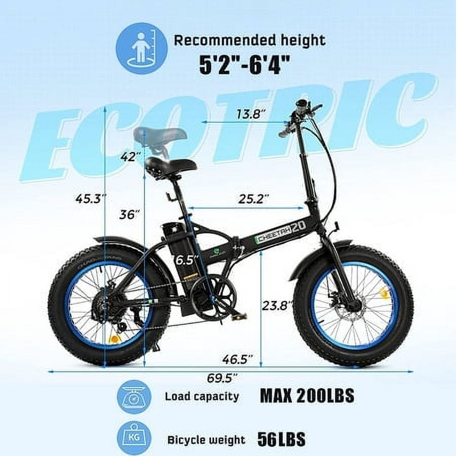 Ecotric Electric Fat Tire Bicycle Folding Bike 12Ah 36V 500W Lithium Battery Beach Snow Mountain 20 In. E Bike Moped (Black & Blue)