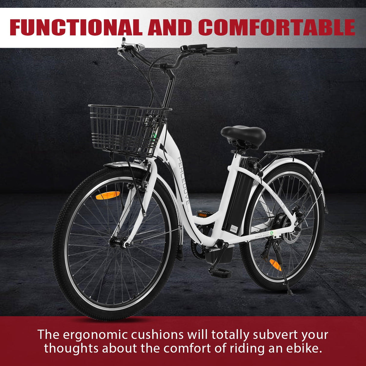 Ecotric 26 Inch 36 V 10 AH 350 W City Bike Electric Bicycle e-bike White with Basket 7 Speed Step Through Commuter for Women Girls A-E516646