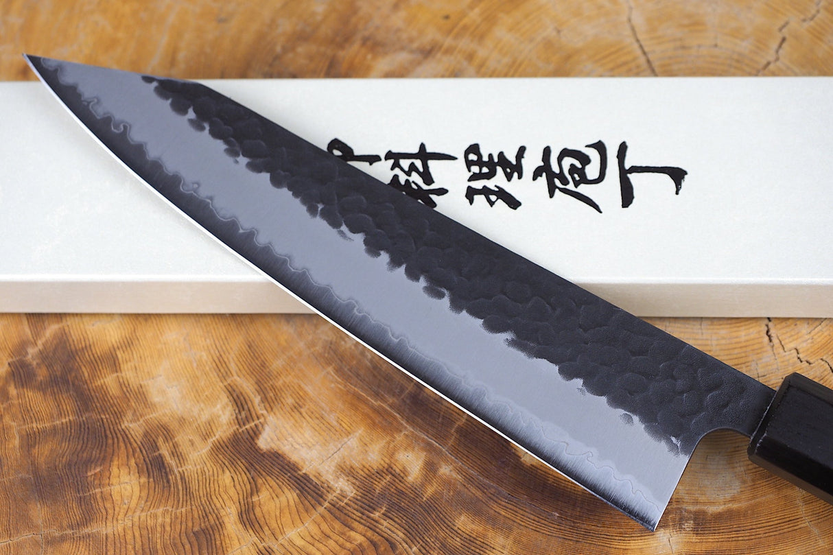 Sakai Jikko "Crater" Kiritsuke (K-tip) Kurouchi Wa-Gyuto Knife Blue Super Steel with Hammered Finish (20/23cm)