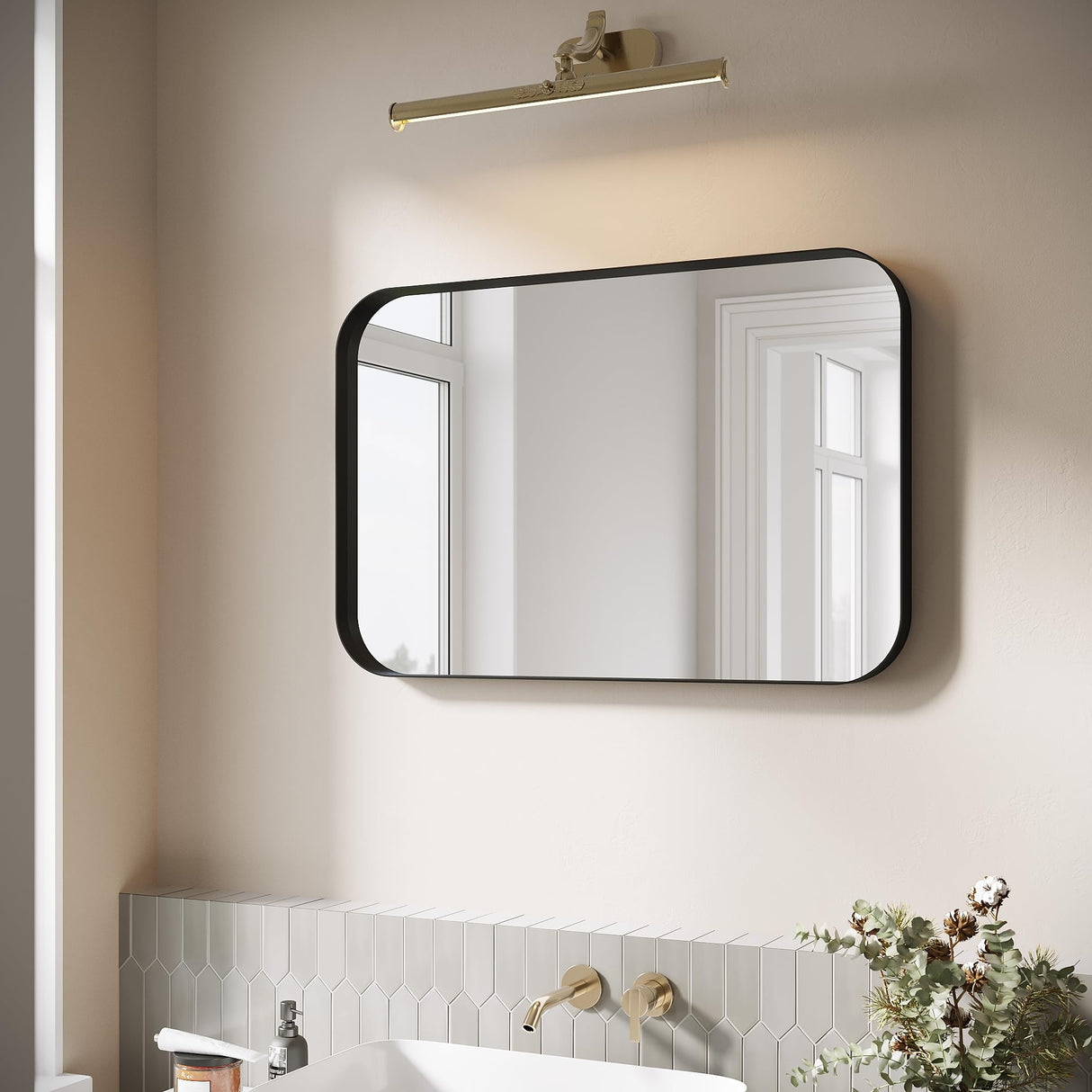 ELEGANT Round Corner Vanity Mirror Wall-Mounted 24 in. W x 36 in. L Brushed Metal