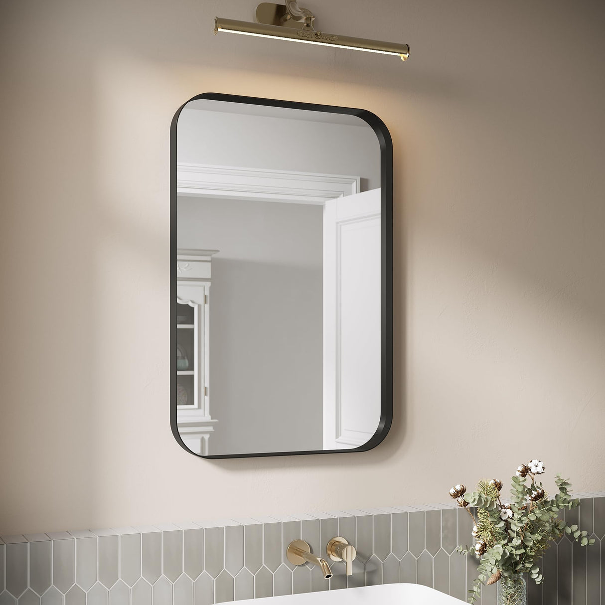 ELEGANT Round Corner Vanity Mirror Wall-Mounted 30 in. W x 36 in. L Brushed Metal