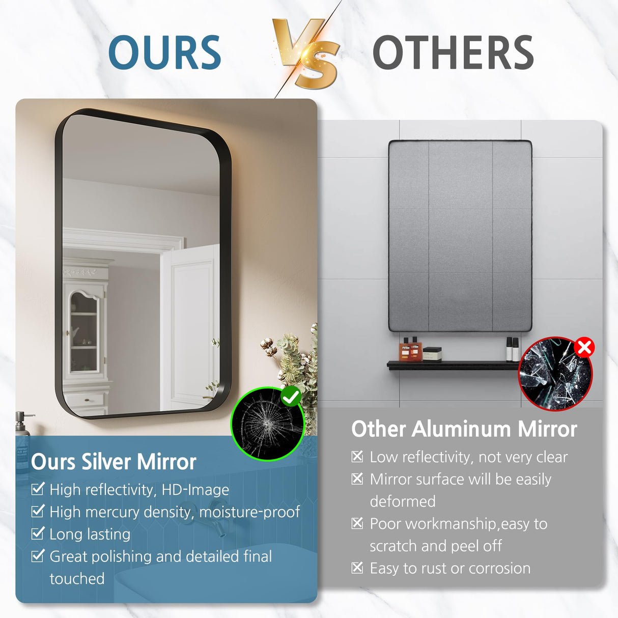 ELEGANT Round Corner Vanity Mirror Wall-Mounted 30 in. W x 36 in. L Brushed Metal