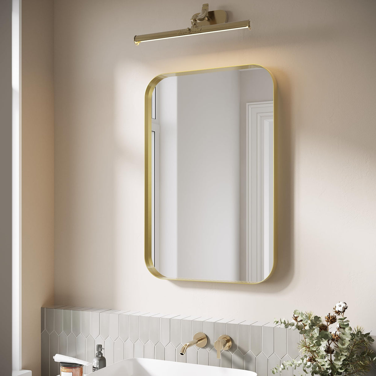 ELEGANT Round Corner Vanity Mirror Wall-Mounted 30 in. W x 40 in. L Brushed Metal