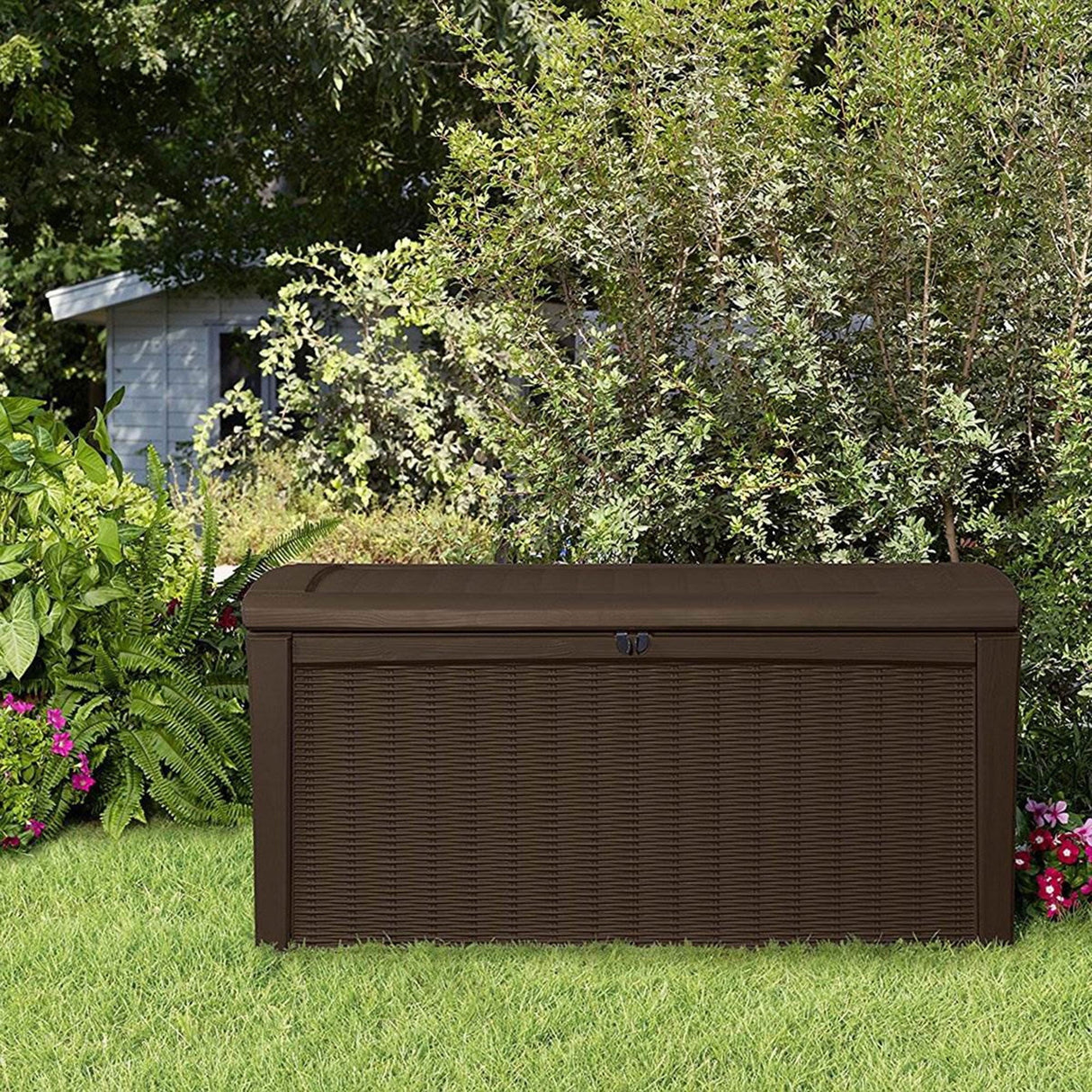 Keter Borneo 110 Gal Rattan Resin Patio Storage Deck Box & Bench (2 Pack)