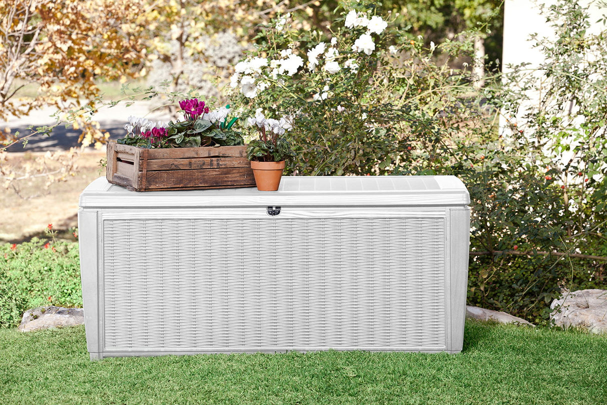 Keter Sumatra Rattan Style 135 Gallon Plastic, Resin and Wicker Deck Box, White