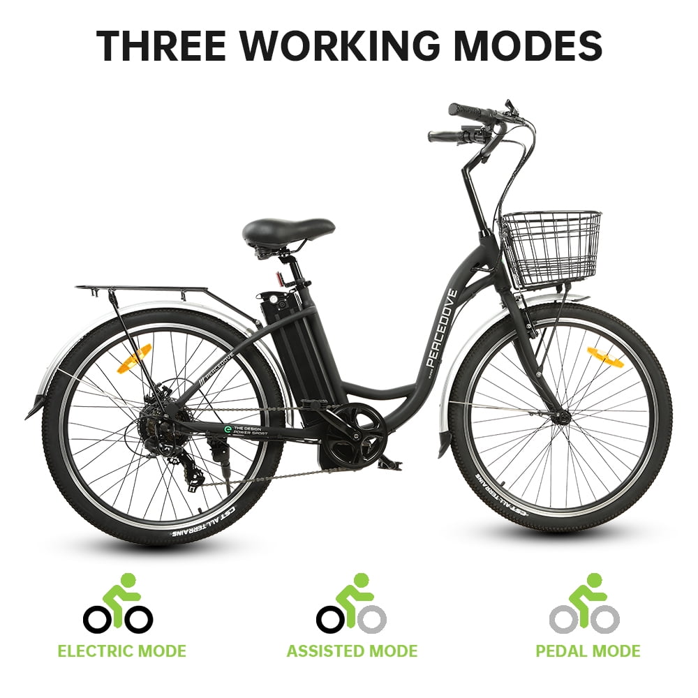ECOTRIC 26 In. 36 V 10 Ah 350 W Step Through City Electric Bicycle with Basket 7 Speed for Adults Men and Women Pedal Assist Black A-E516646