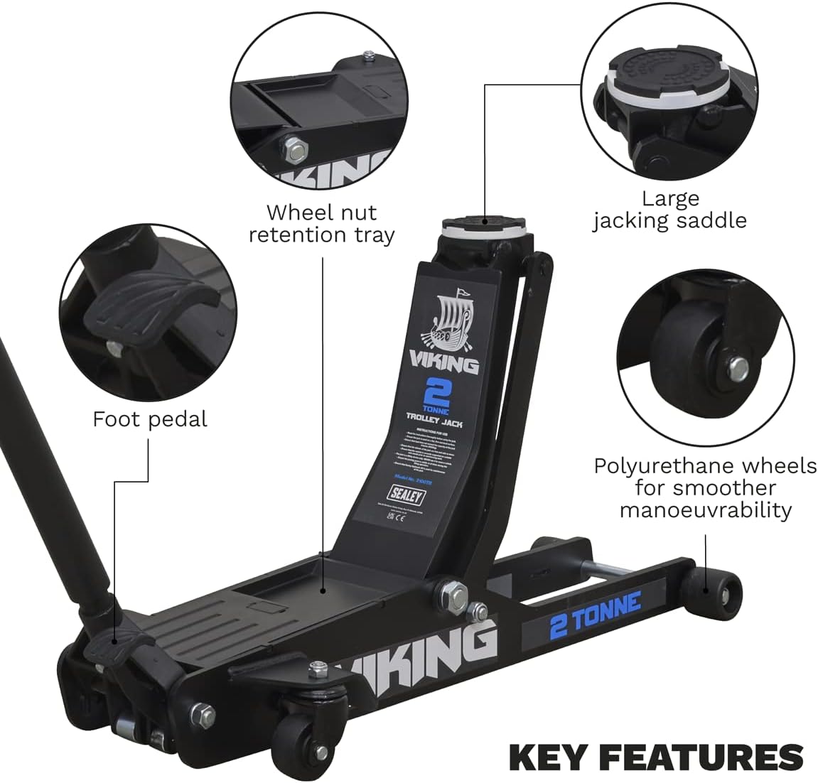 Sealey Viking 2 Tonne Trolley Jack, Car Jack, Low Profile Long Reach with Rocket Lift - 2100TB