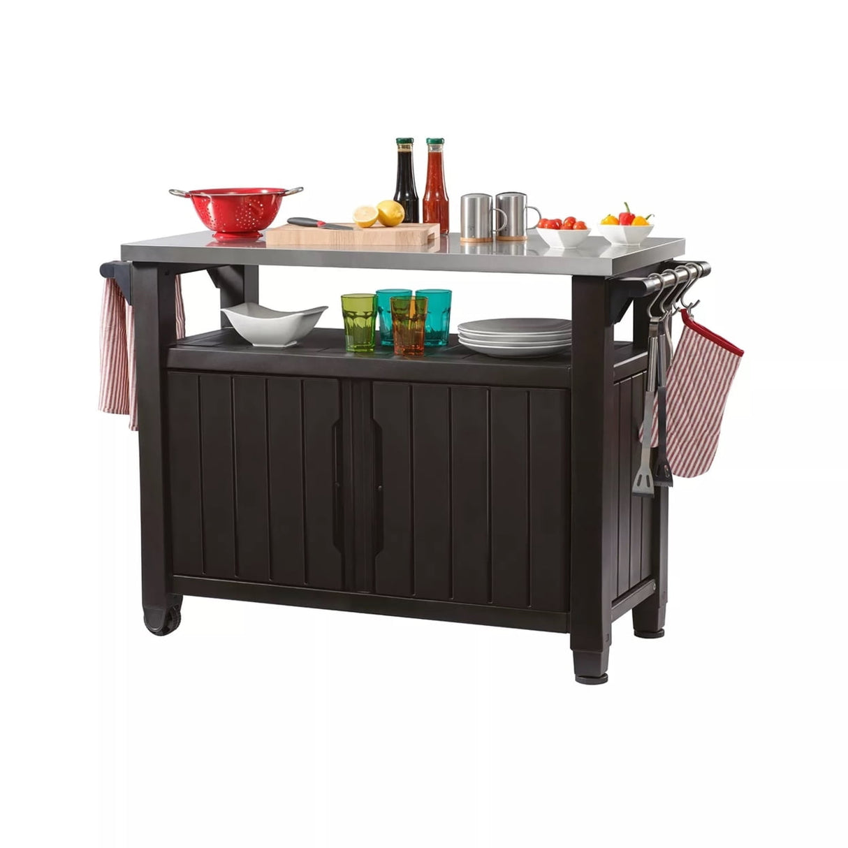 Keter Outdoor Entertainment Storage Station Grilling Table, Non-Brushed Brown