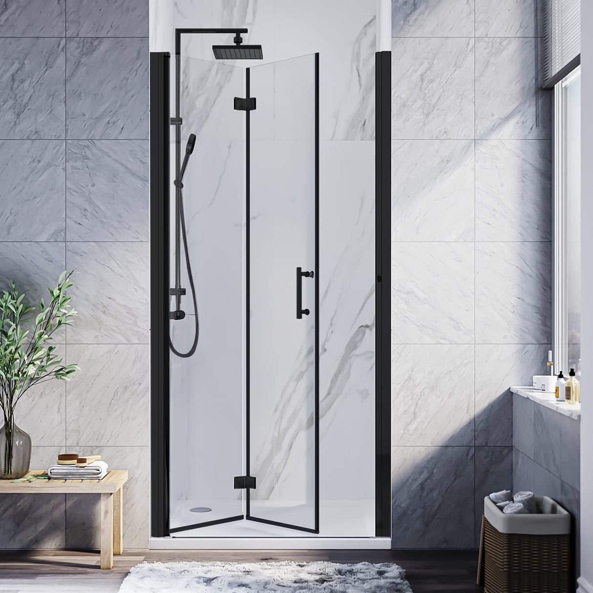SUNNY SHOWER 1/4 inch Frameless Black Finish Bi-Fold Shower Door