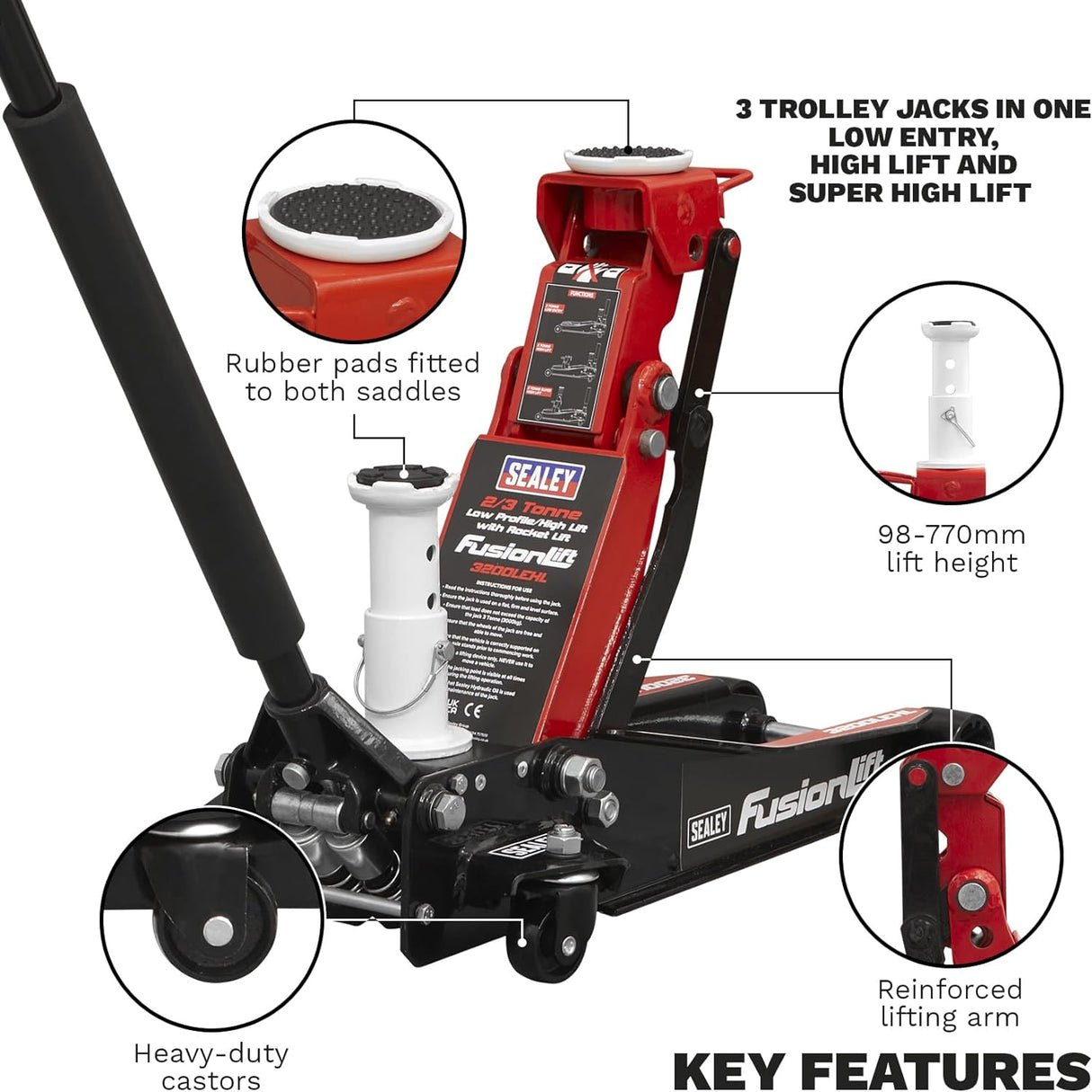 Sealey 2/3 Tonne Trolley Jack Low Profile/High Lift with Rocket Lift - 3200LEHL