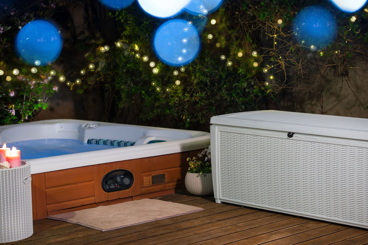 Keter Sumatra Rattan Style 135 Gallon Plastic, Resin and Wicker Deck Box, White