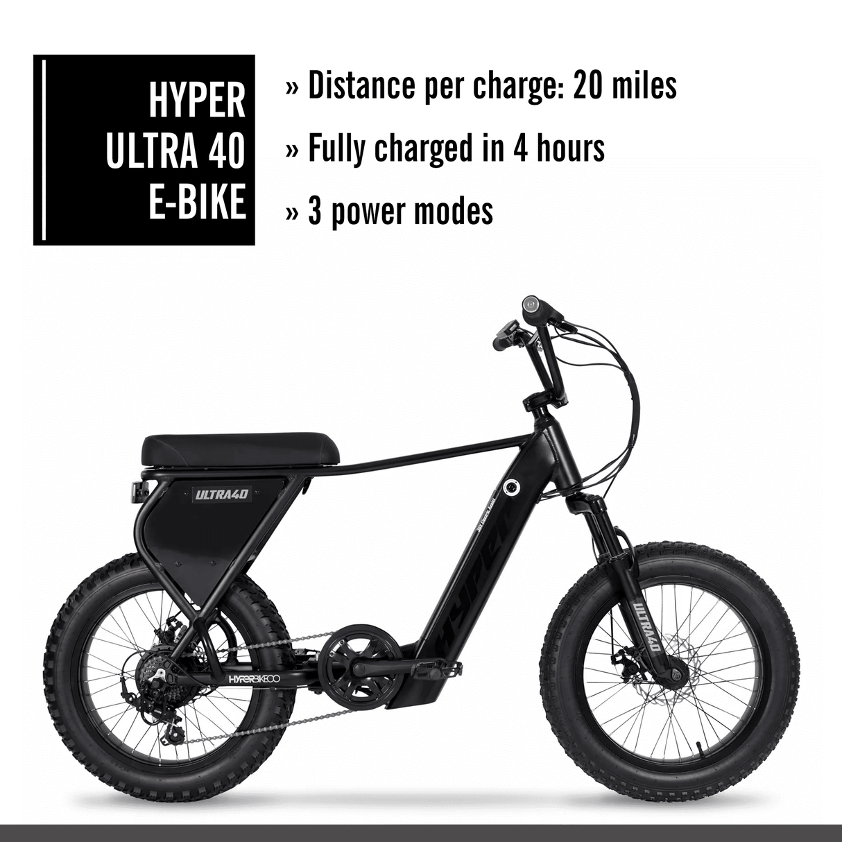 Hyper Bicycles Ultra 40 20" 36V Electric Bike for Adults, Pedal-Assist, 250W E-Bike Motor, Matte Black