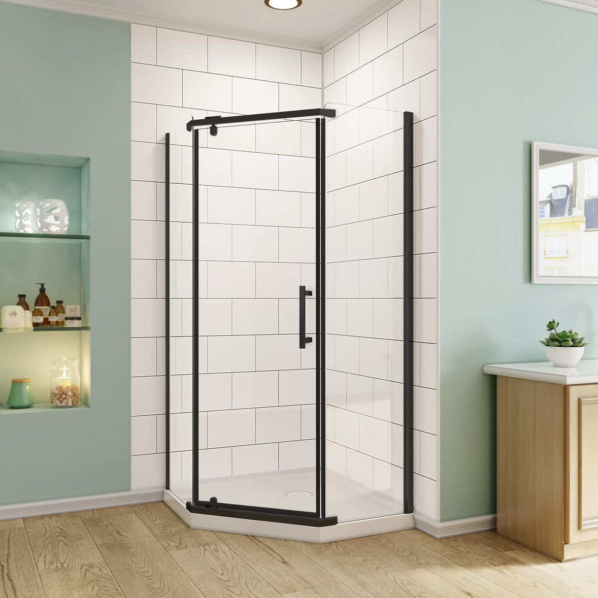 ELEGANT Pivot Enclosures With Pivot Door 36.7 in. W x 36.7 in. D x 71.8 in. H Black Finish