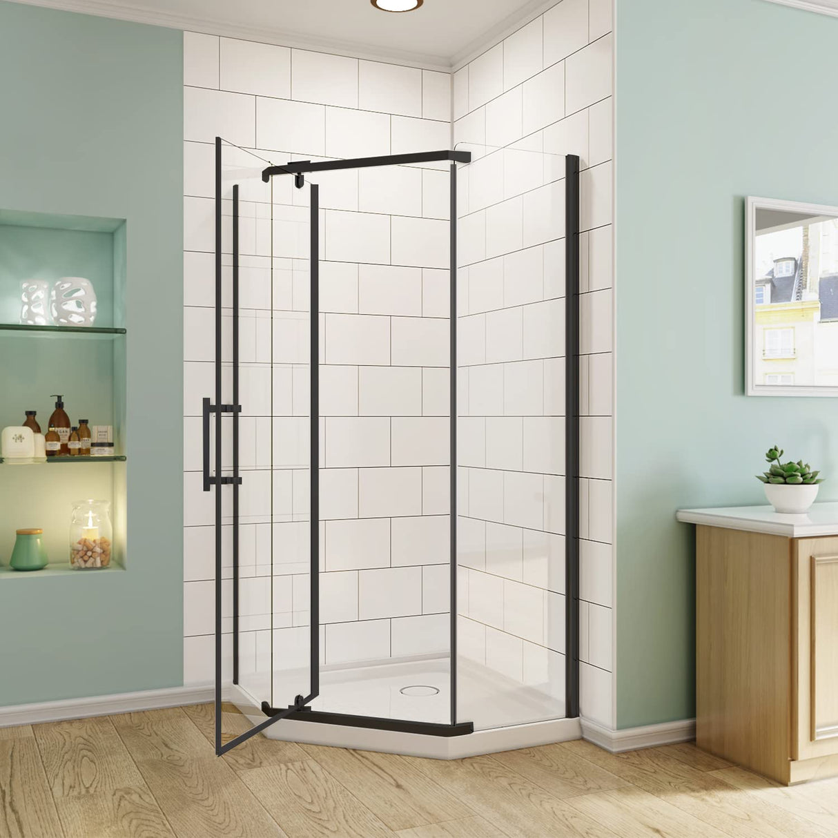 ELEGANT Pivot Enclosures With Pivot Door 36.7 in. W x 36.7 in. D x 71.8 in. H Black Finish