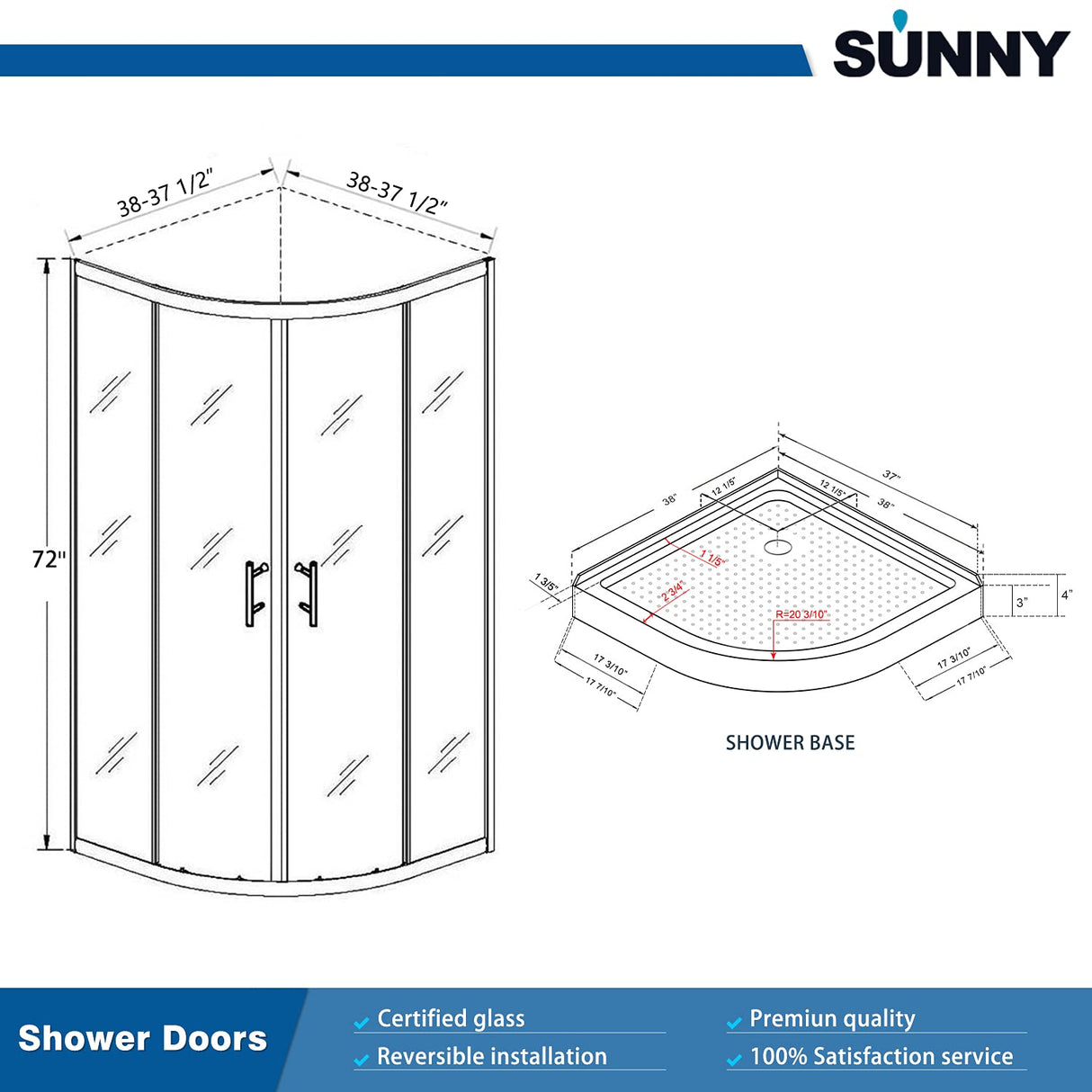 SUNNY SHOWER 37.5 in. W x 37.5 in. D x 72 in. H Chrome Finish Quadrant Enclosures With Sliding Doors And White Quadrant Base
