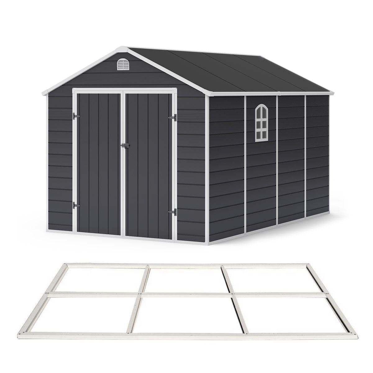 Lotus Sono Apex Plastic Garden Storage Shed Including Foundation Kit Grey - Available In 3 Sizes