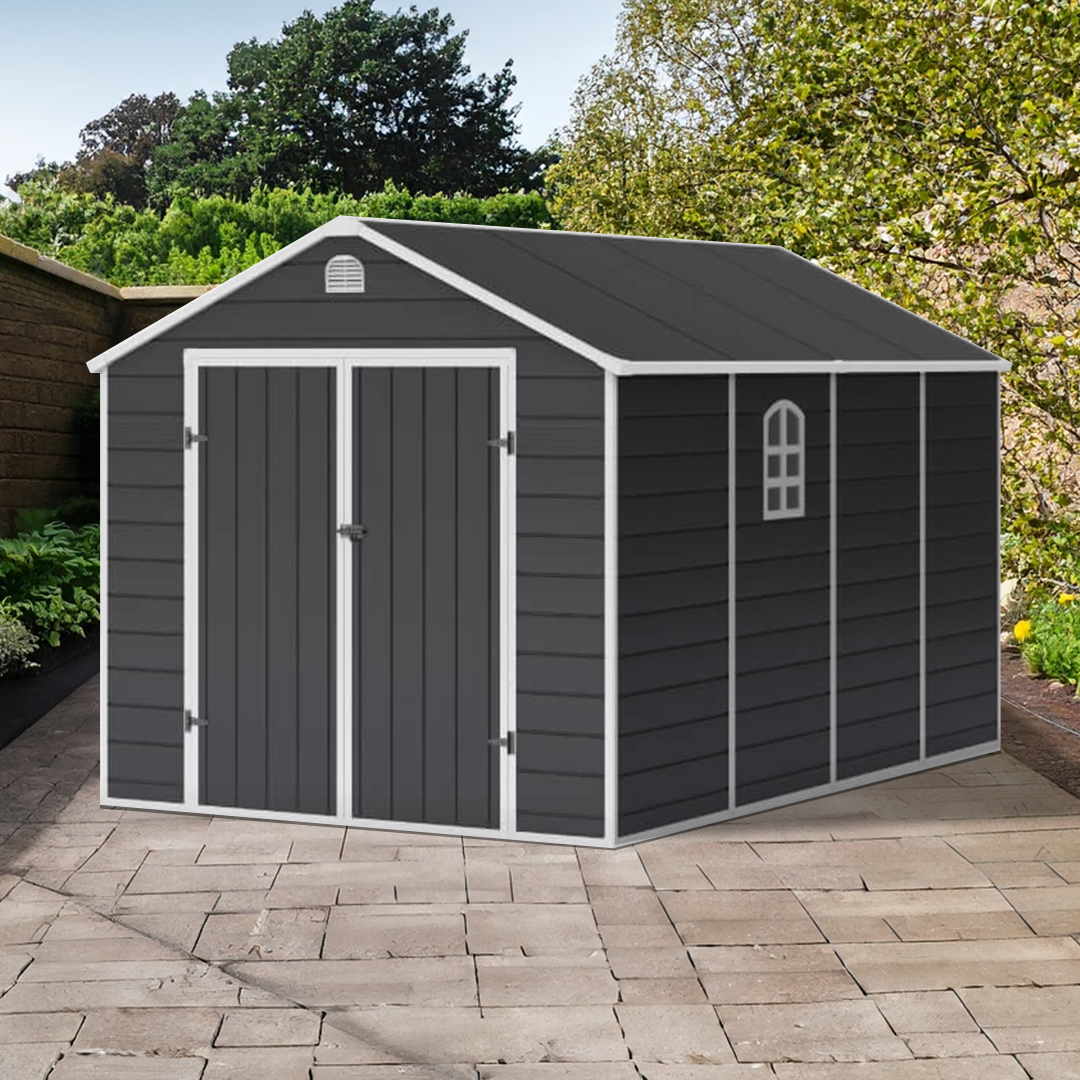 Lotus Sono Apex Plastic Garden Storage Shed Including Foundation Kit Grey - Available In 3 Sizes