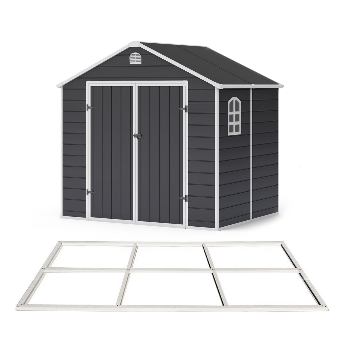 Lotus Sono Apex Plastic Garden Storage Shed Including Foundation Kit Grey - Available In 3 Sizes