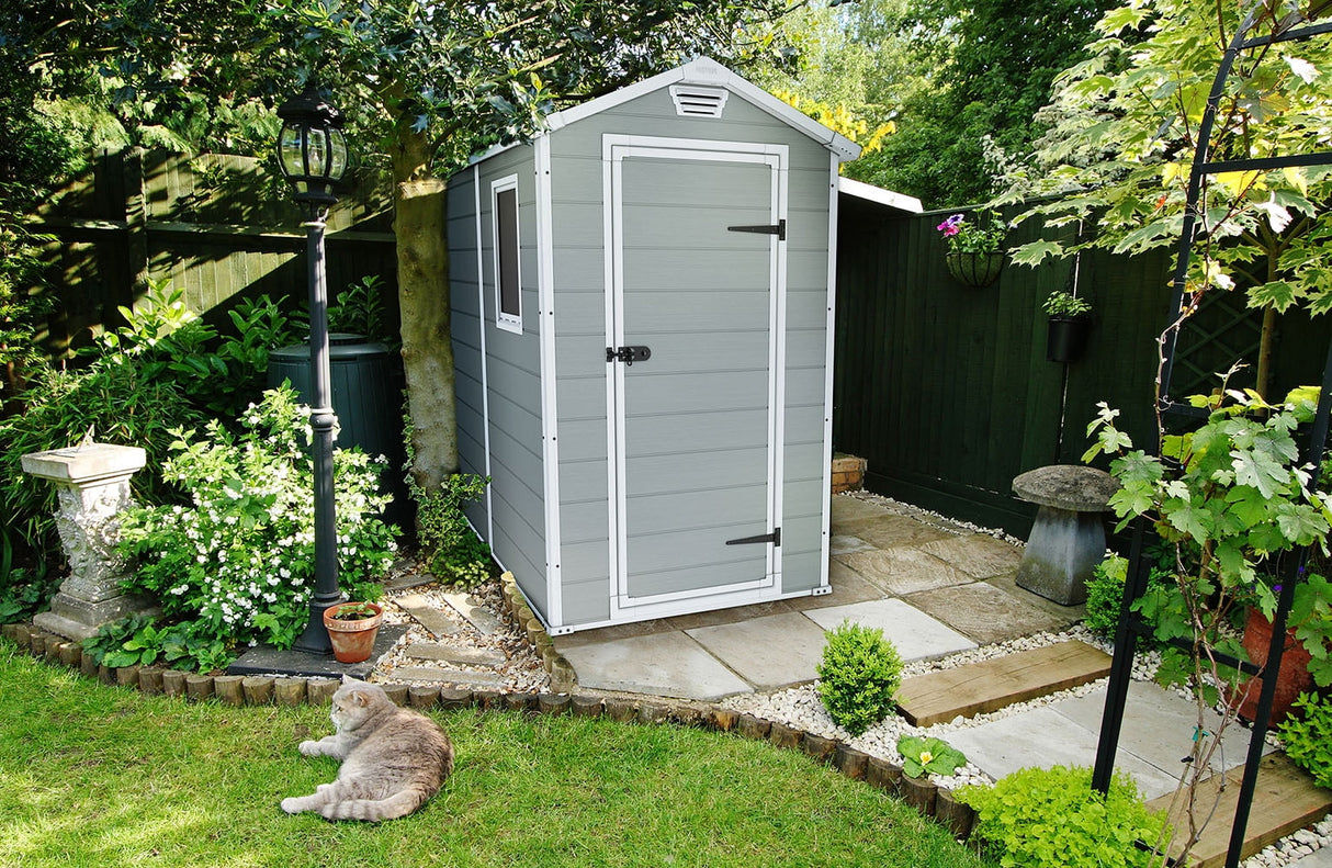 Keter Manor 4' x 6' Resin Storage Shed, All-Weather Plastic Outdoor Storage, Gray and White