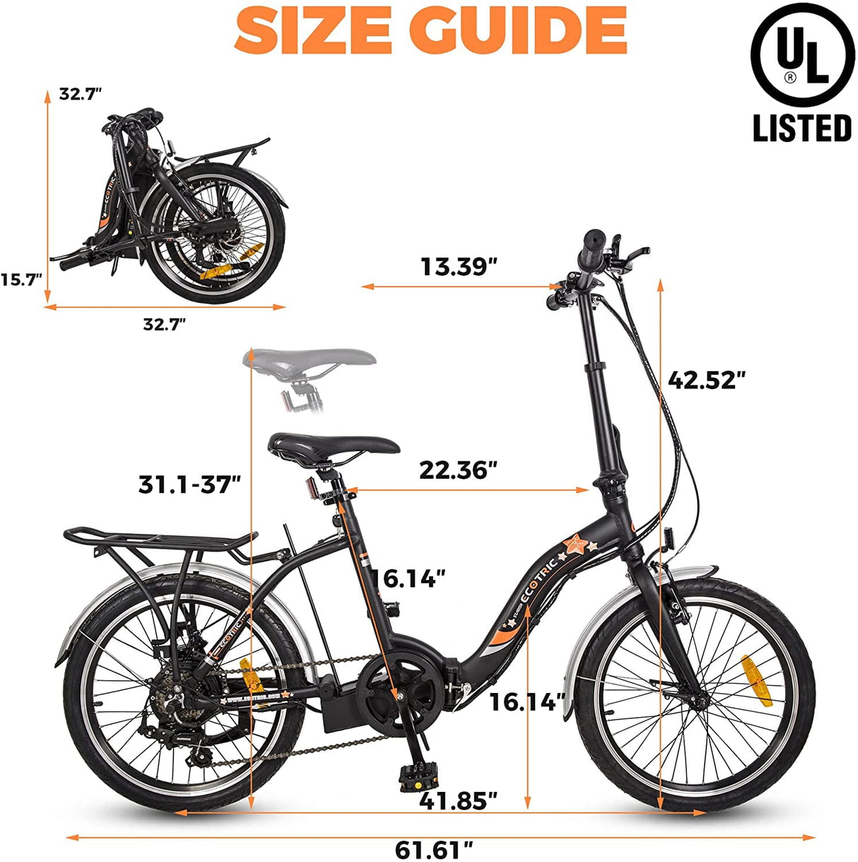 Ecotric E-Ride Electric Bike Trail Riding Ebike Girl Cruiser Foldable 20 inch Wheels 350W 36V Removable Battery 7 Speed City Commuter for Children A-E516646