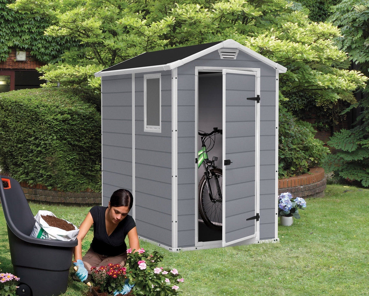 Keter Manor 4' x 6' Resin Storage Shed, All-Weather Plastic Outdoor Storage, Gray and White