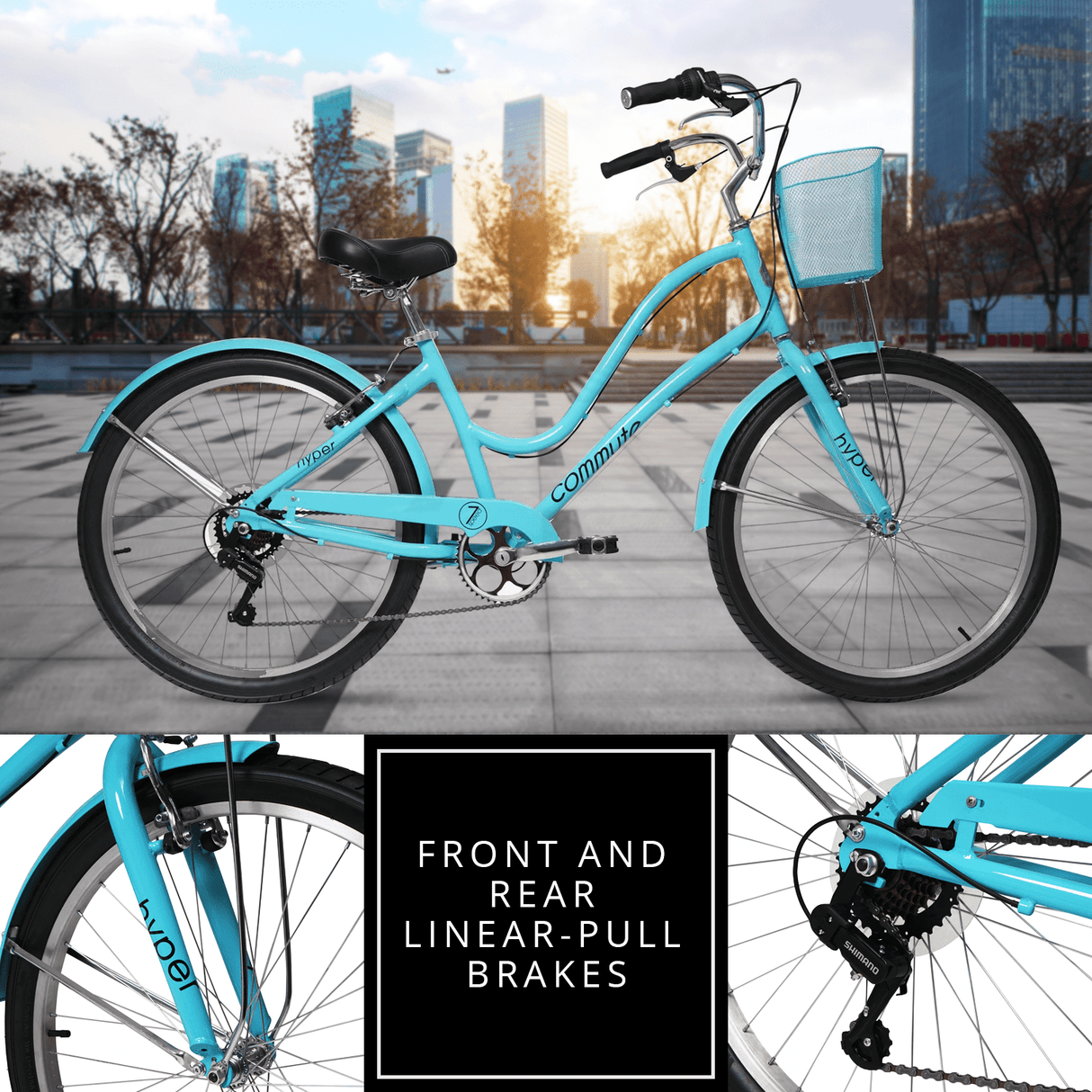 Hyper Bicycle 26" Woman's Commute Bike with Basket, Neon Teal