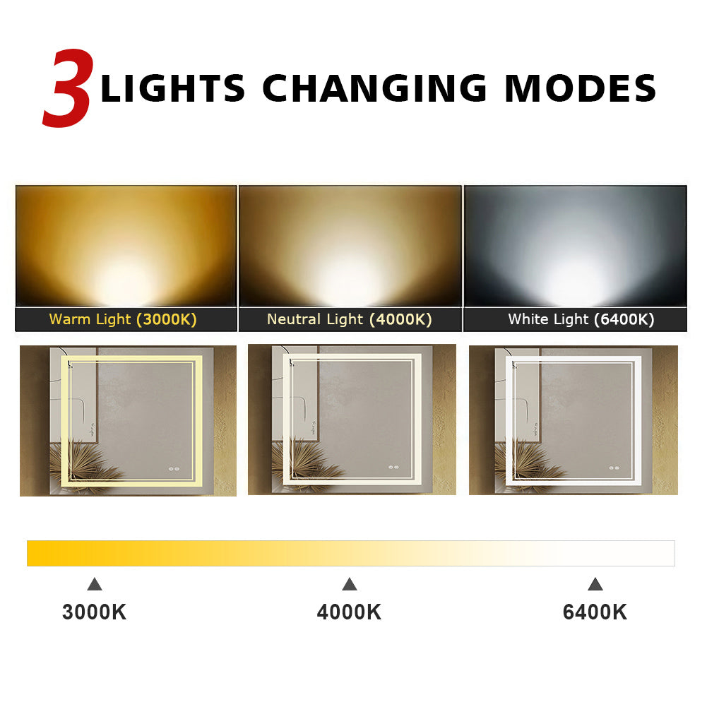 SUNNY SHOWER 28 x 36 in. LED Horizontal Bathroom Mirror With 3 Color Temperature Setting