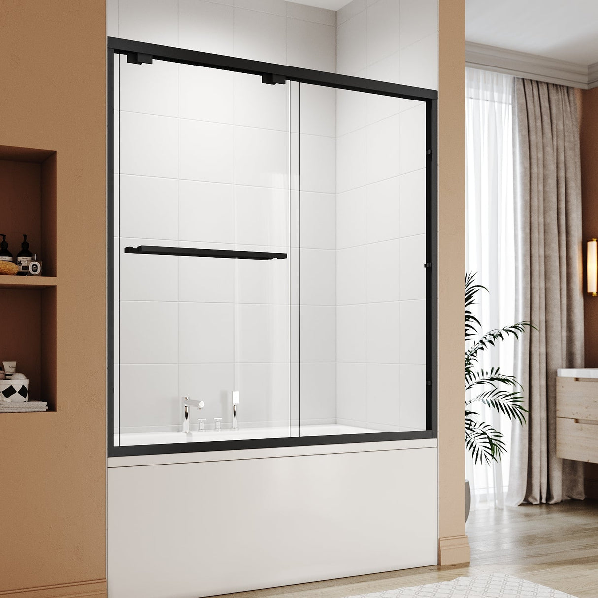 ELEGANT Bathtub Double Sliding Doors 60 in. W x 62 in. H Black Finish