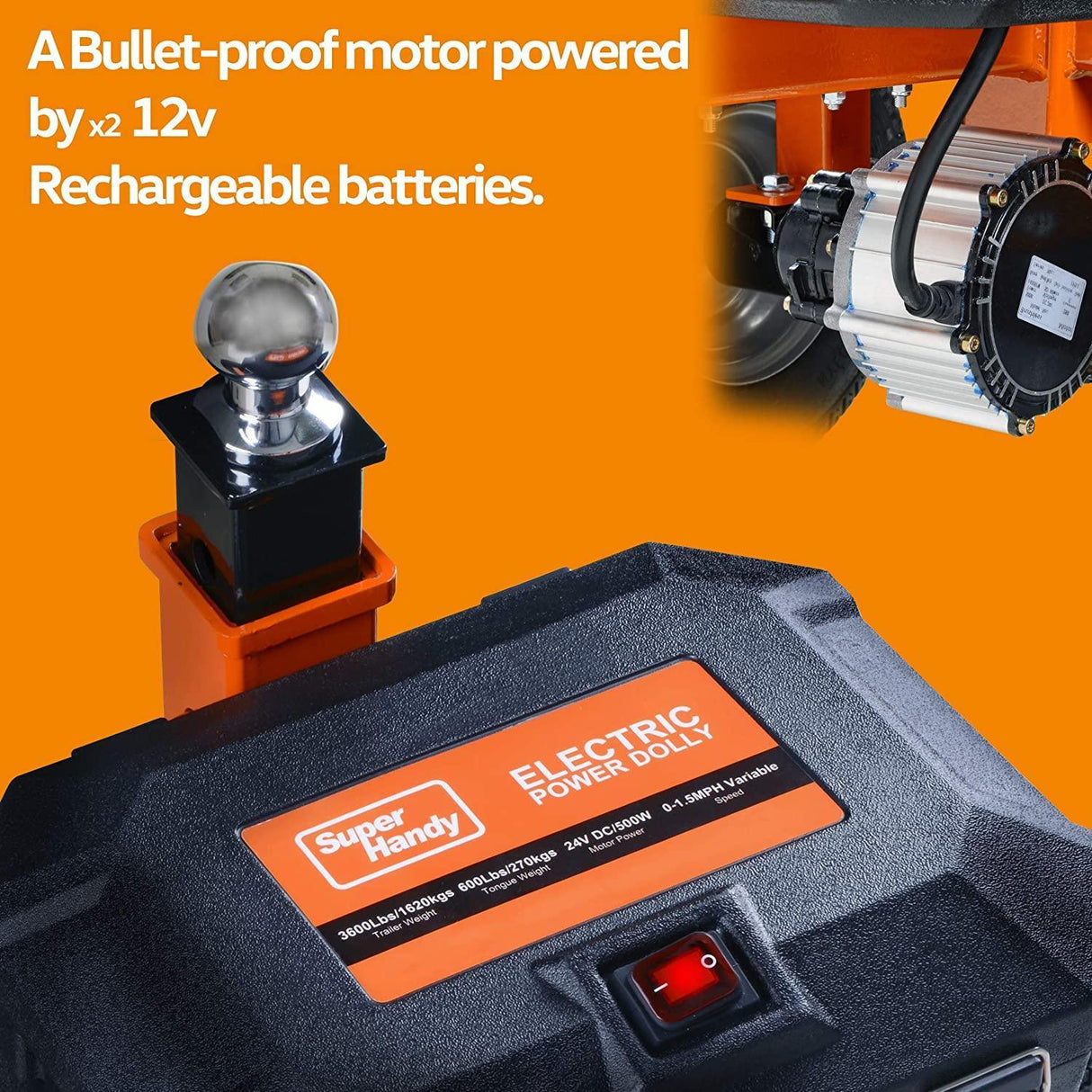 SuperHandy Electric Trailer Dolly - 2800 lbs. Towing Capacity, Self-Propelled, 24V 7Ah AGM Battery System