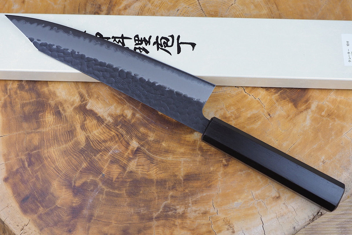 Sakai Jikko "Crater" Kiritsuke (K-tip) Kurouchi Wa-Gyuto Knife Blue Super Steel with Hammered Finish (20/23cm)