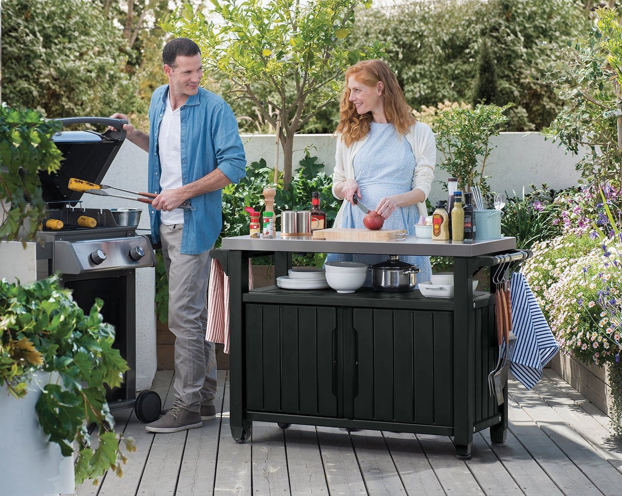 Keter Unity XL Resin Serving Station, All-Weather Plastic and Metal Grill, Storage and Prep Table, Graphite