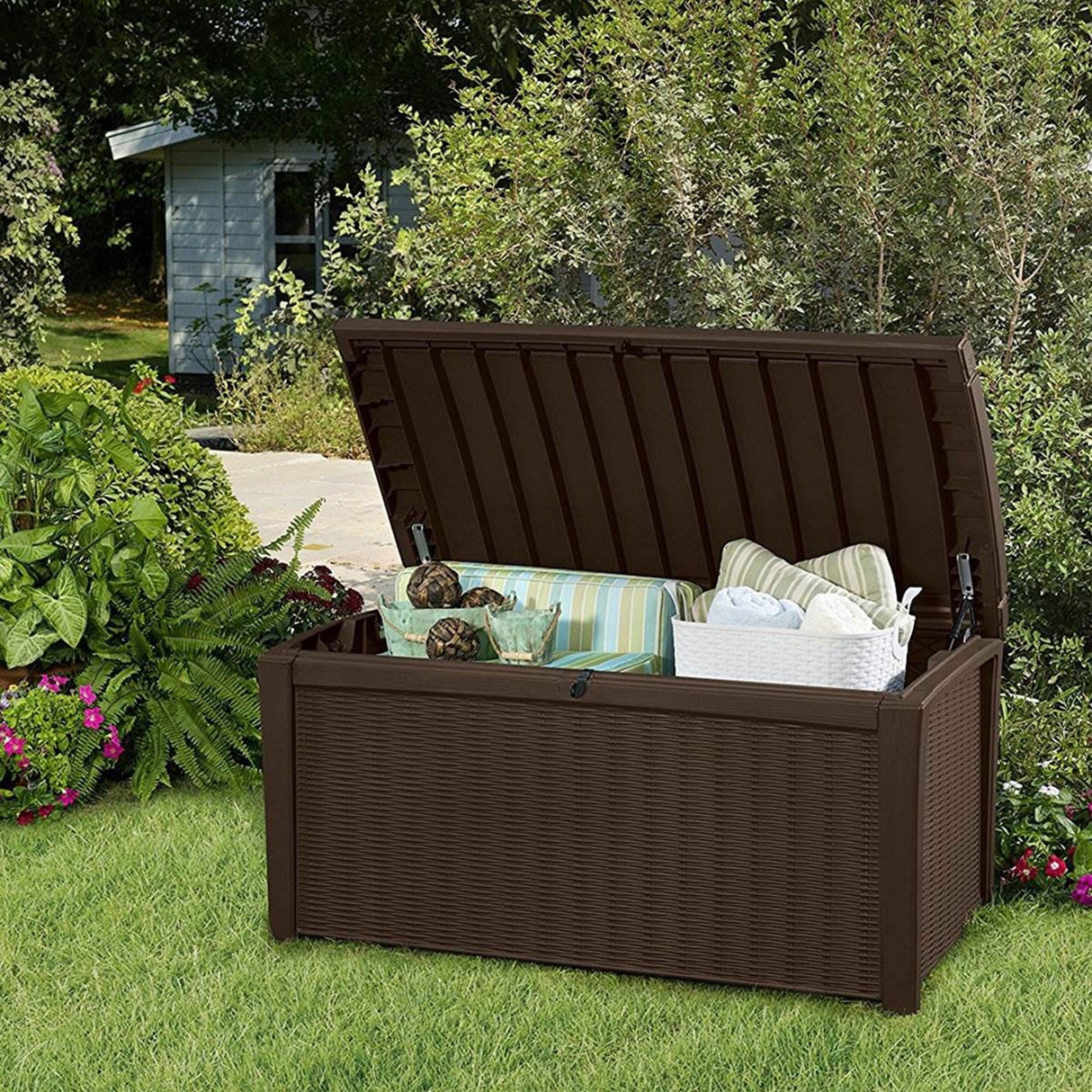 Keter Borneo 110 Gal Rattan Resin Patio Storage Deck Box & Bench (2 Pack)