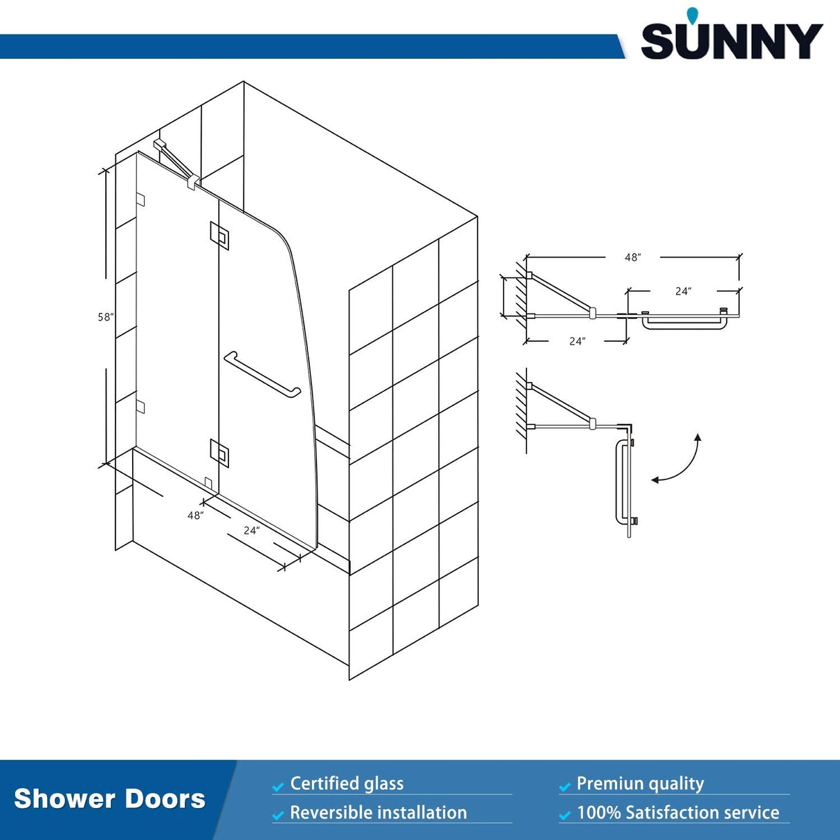 SUNNY SHOWER 34 in. W x 58 in. H Frameless Chrome Finish Bathtub Hinged Door