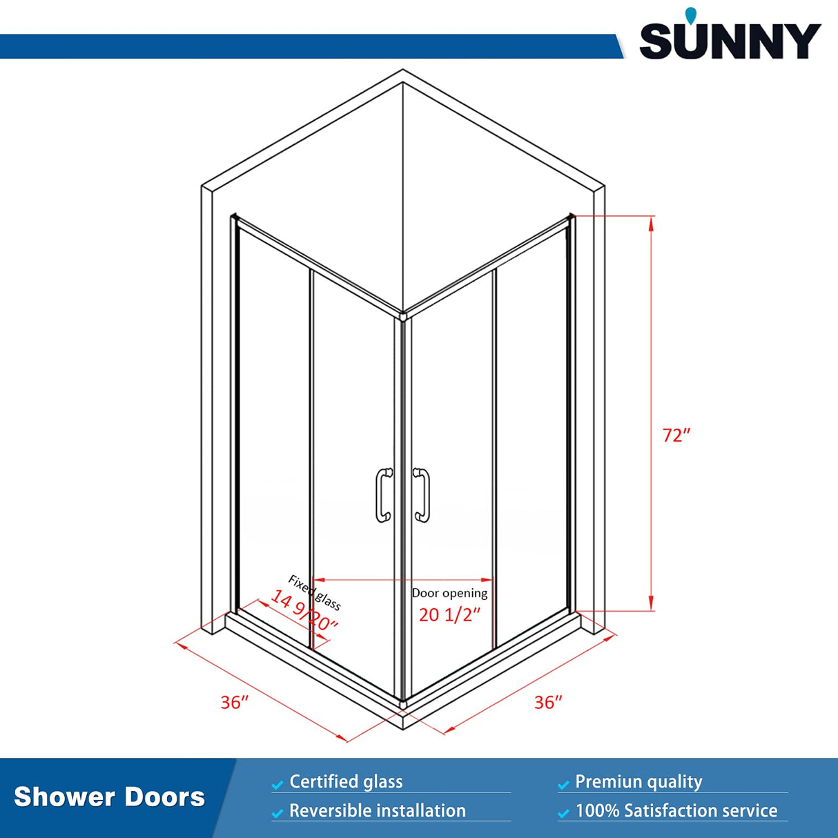SUNNY SHOWER 36 in. W x 36 in. D x 72 in. H Chrome Finish Corner Entry Enclosure With Sliding Doors