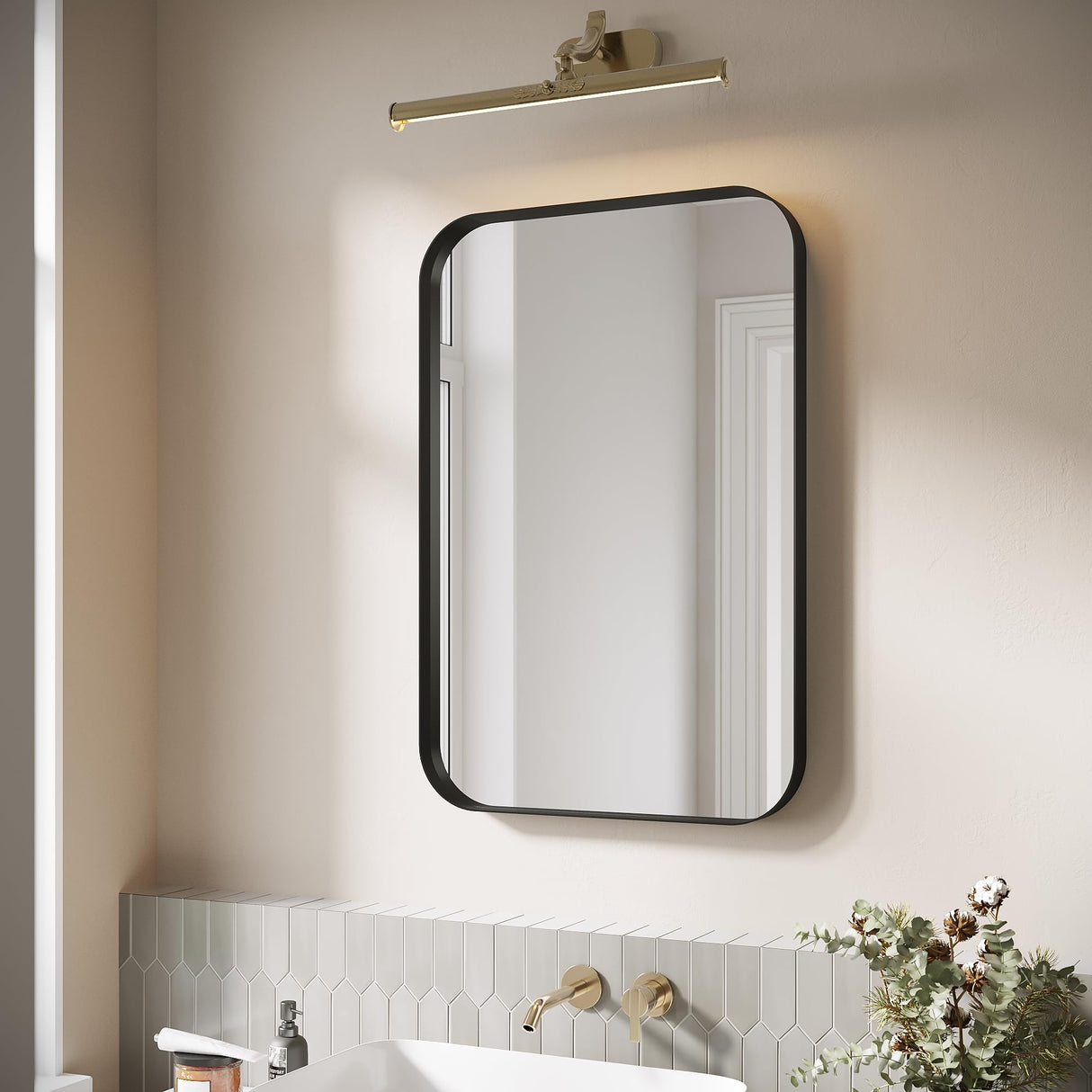 ELEGANT Round Corner Vanity Mirror Wall-Mounted 24 in. W x 36 in. L Brushed Metal