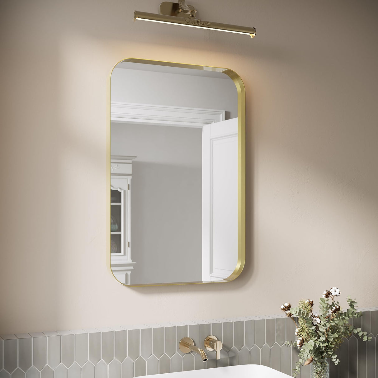 ELEGANT Round Corner Vanity Mirror Wall-Mounted 24 in. W x 36 in. L Brushed Metal