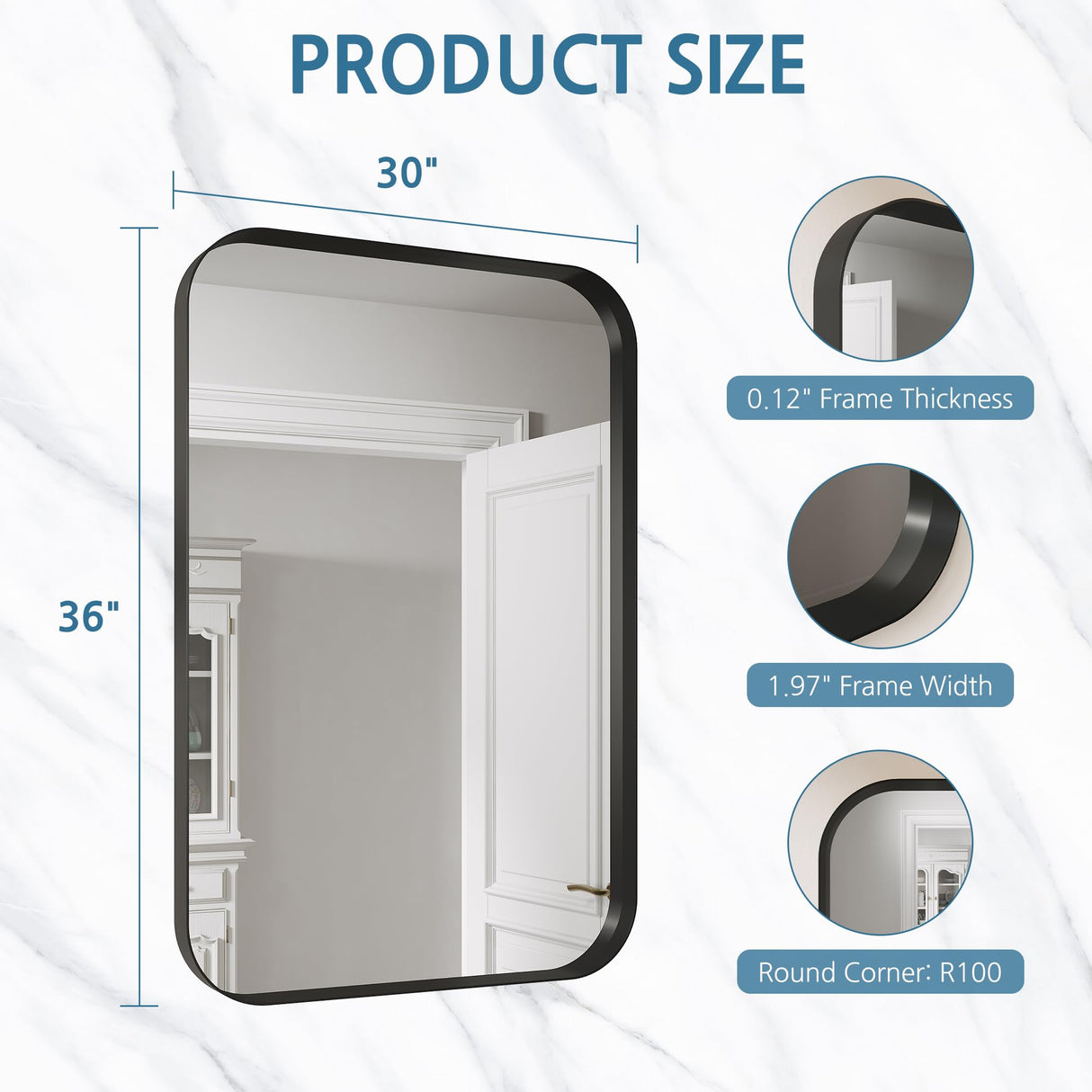 ELEGANT Round Corner Vanity Mirror Wall-Mounted 30 in. W x 36 in. L Brushed Metal