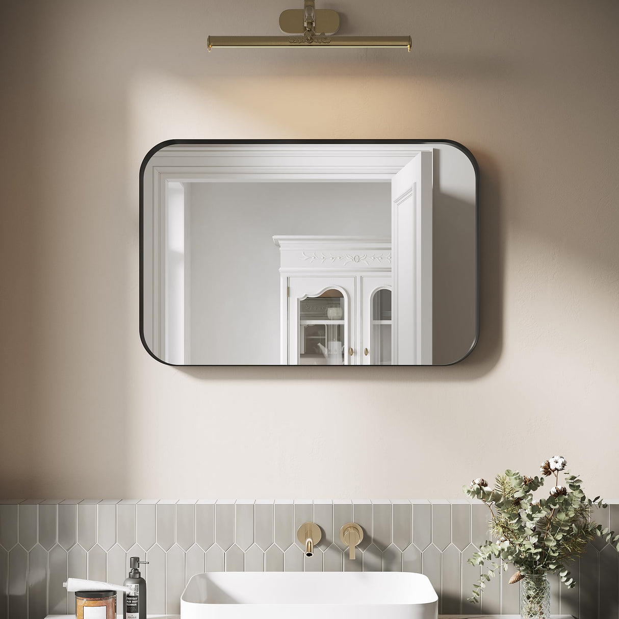 ELEGANT Round Corner Vanity Mirror Wall-Mounted 30 in. W x 40 in. L Brushed Metal