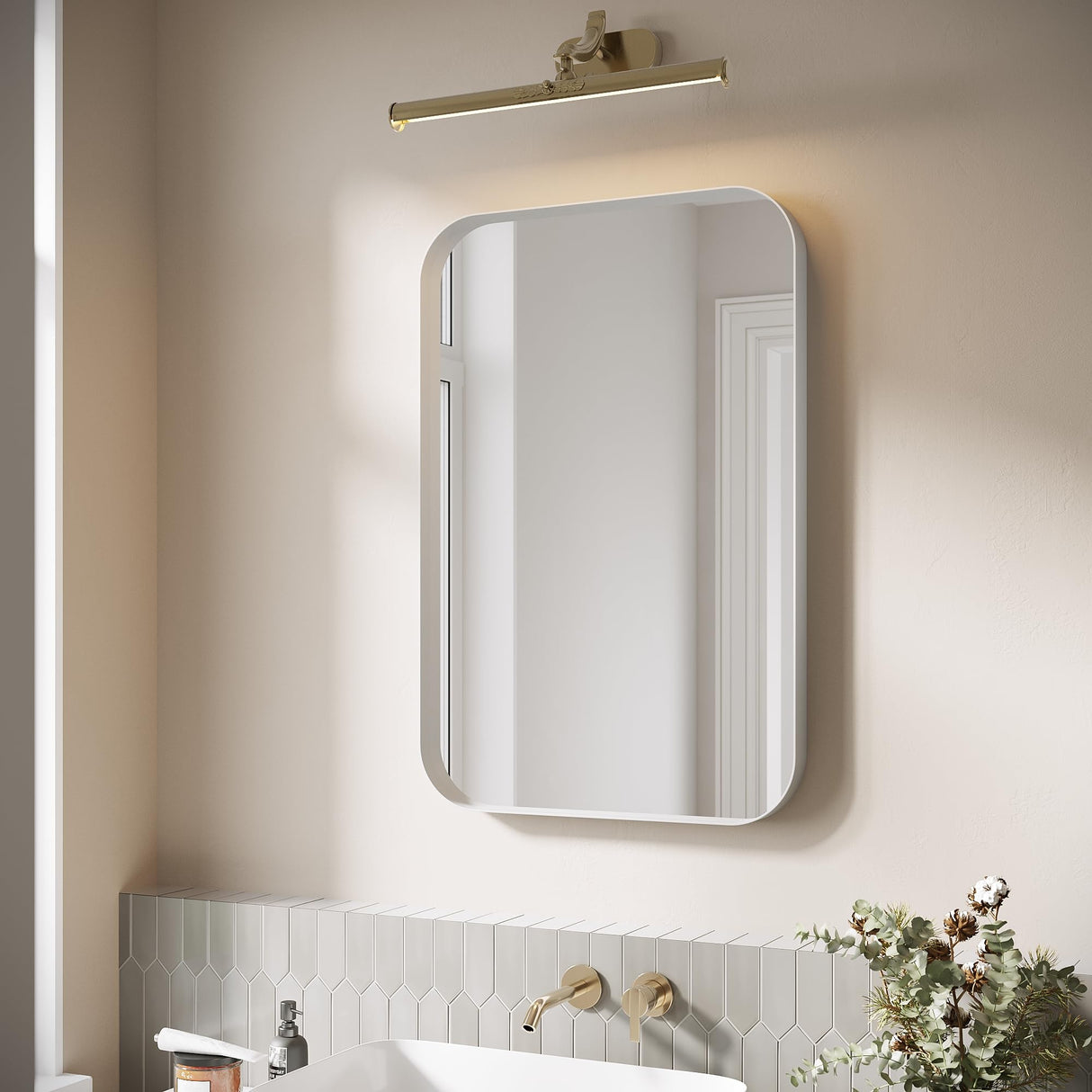 ELEGANT Round Corner Vanity Mirror Wall-Mounted 30 in. W x 40 in. L Brushed Metal