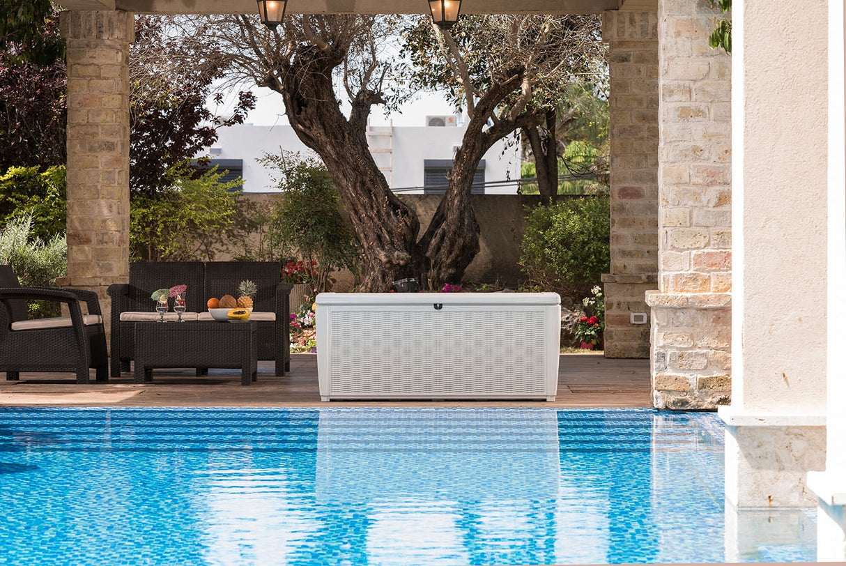 Keter Sumatra Rattan Style 135 Gallon Plastic, Resin and Wicker Deck Box, White