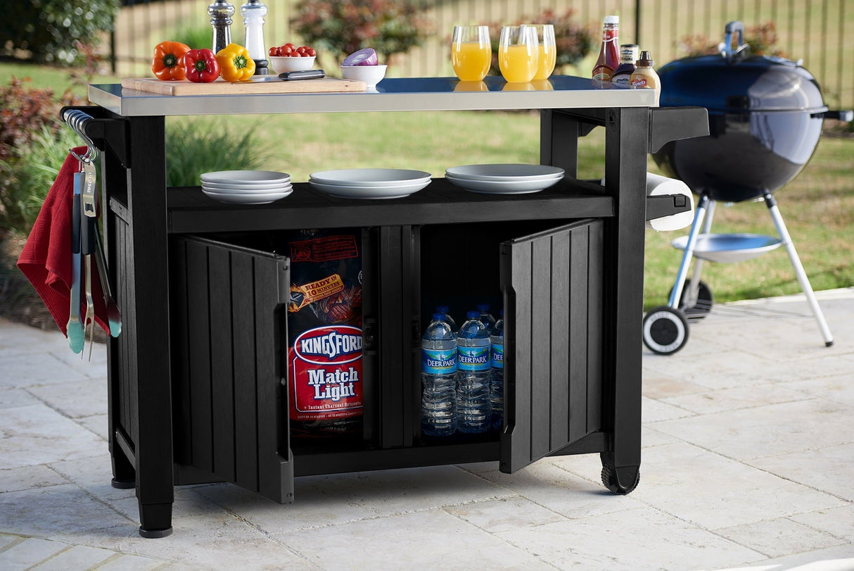 Keter Unity XL Resin Serving Station, All-Weather Plastic and Metal Grill, Storage and Prep Table, Graphite