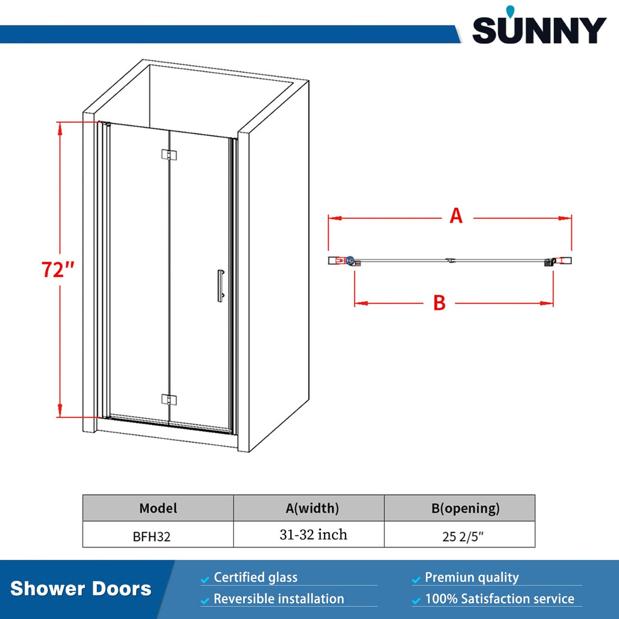SUNNY SHOWER 1/4 inch Frameless Black Finish Bi-Fold Shower Door