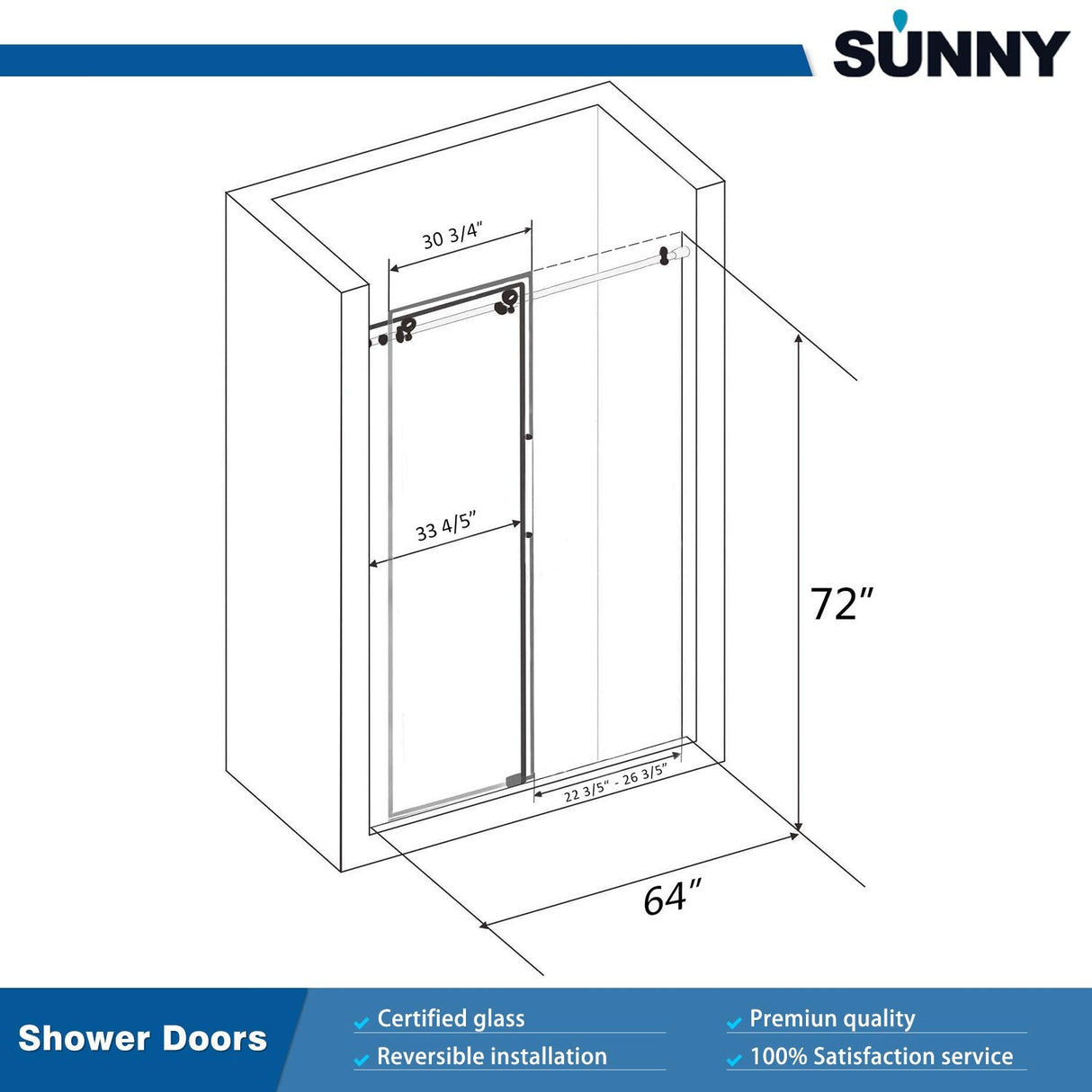 ELEGANT Frameless Sliding Shower Doors 64 in. W x 72 in. H Brushed Nickel Finish