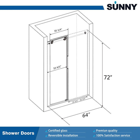 ELEGANT Frameless Sliding Shower Doors 64 in. W x 72 in. H Brushed Nickel Finish