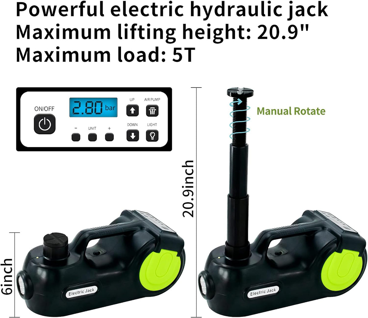 E-HEELP Electric Car Jack Kit 5Ton 12V Car Jack Hydraulic (Lifting Range: 6.1-20.86 inch) with Impact Wrench & Inflator for Car SUV Sedan MPV with LCD & Tire Pressure Display