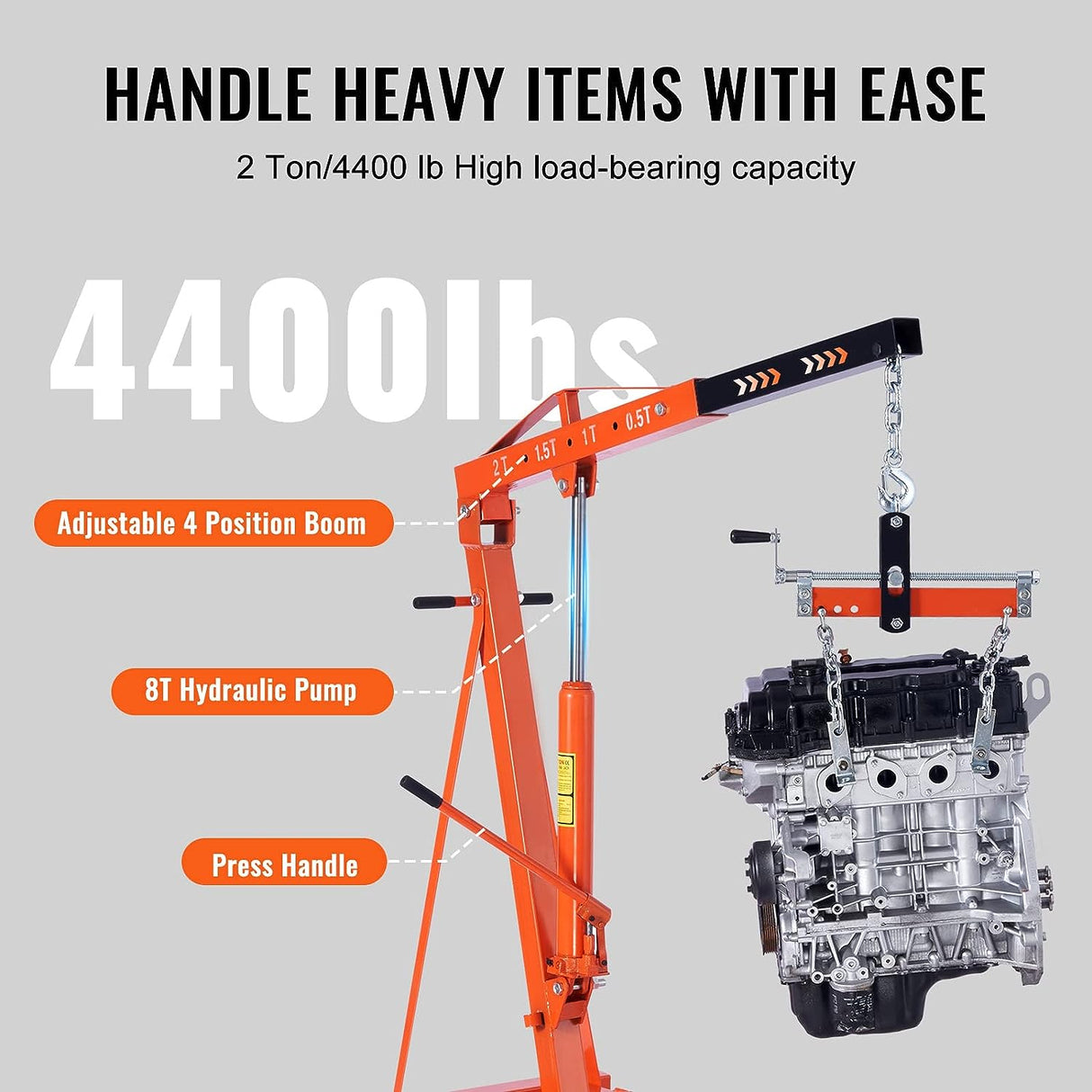 VEVOR Hydraulic Engine Hoist with Lever, 2 Ton/4400 LBS Heavy-duty Cherry Picker Shop Crane, Foldable Engine Crane and Engine Hoist
