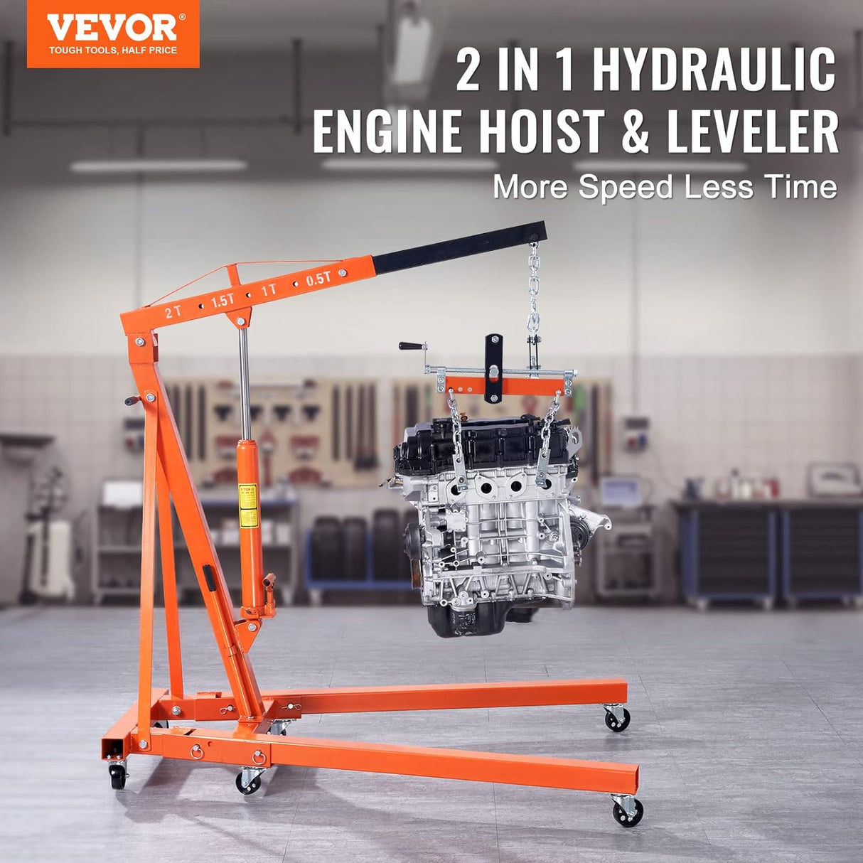 VEVOR Hydraulic Engine Hoist with Lever, 2 Ton/4400 LBS Heavy-duty Cherry Picker Shop Crane, Foldable Engine Crane and Engine Hoist