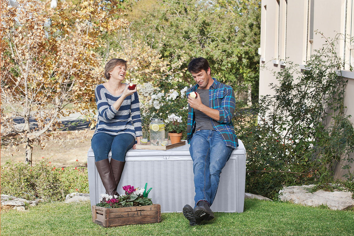 Keter Sumatra Rattan Style 135 Gallon Plastic, Resin and Wicker Deck Box, White