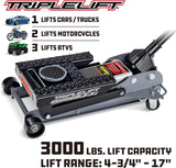 Powerbuilt 3000 Pound Triple Lift Garage Jack, Heavy Duty Vehicle, Truck, Car, Motorcycle, Transmission Lift