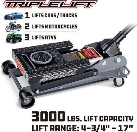 Powerbuilt 3000 Pound Triple Lift Garage Jack, Heavy Duty Vehicle, Truck, Car, Motorcycle, Transmission Lift
